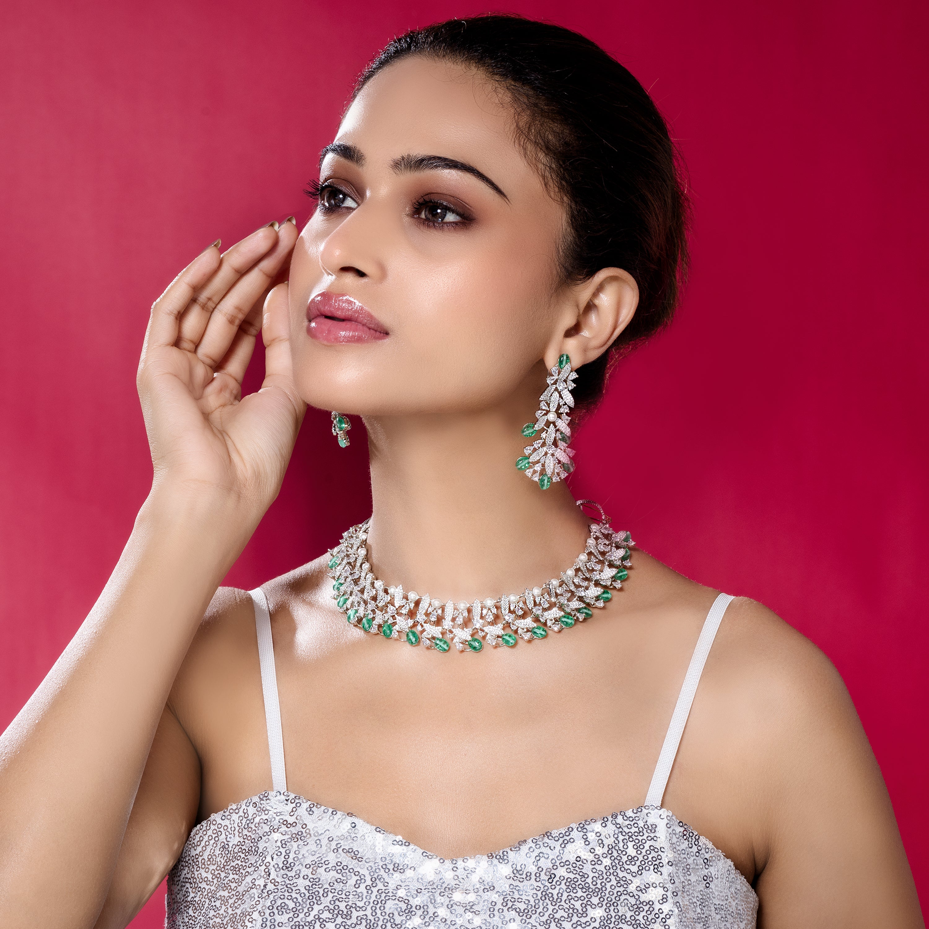 Green & White Glamorous American Diamond-Mivanaa